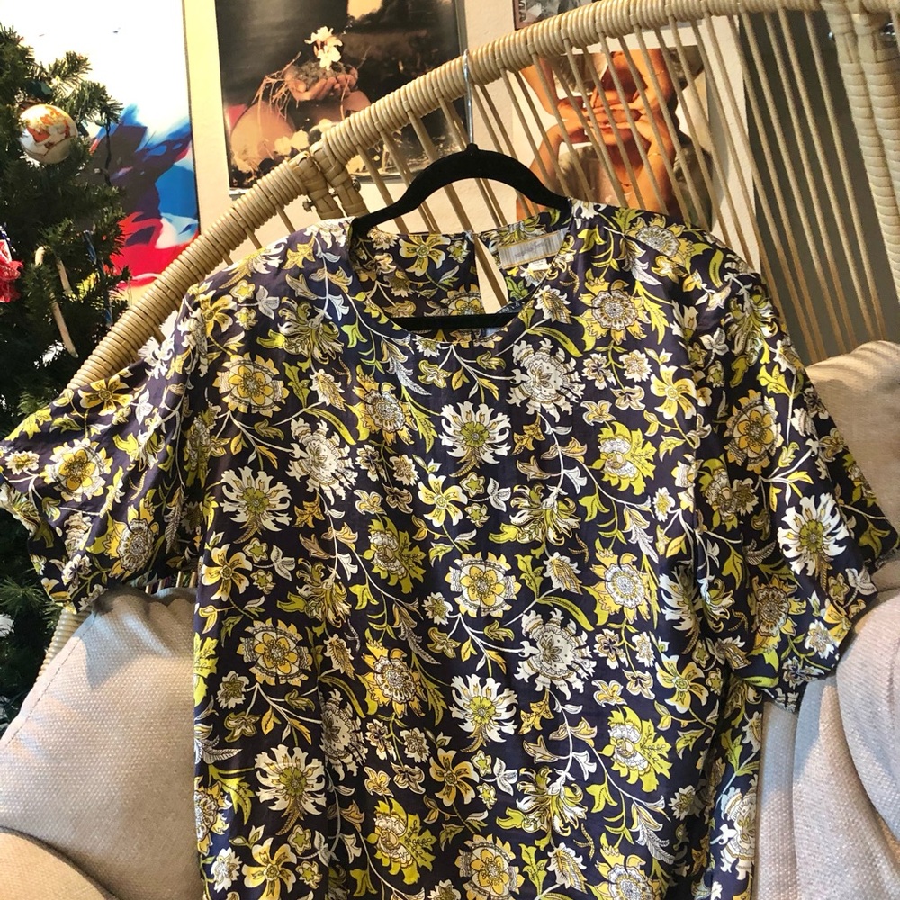 Vintage Silk Jacqueline Ferrar Floral Print Women's Top Blue Yellow Size Large